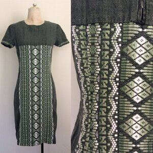 Vintage 1960's Green Embroidered Mexican Wiggle Dress